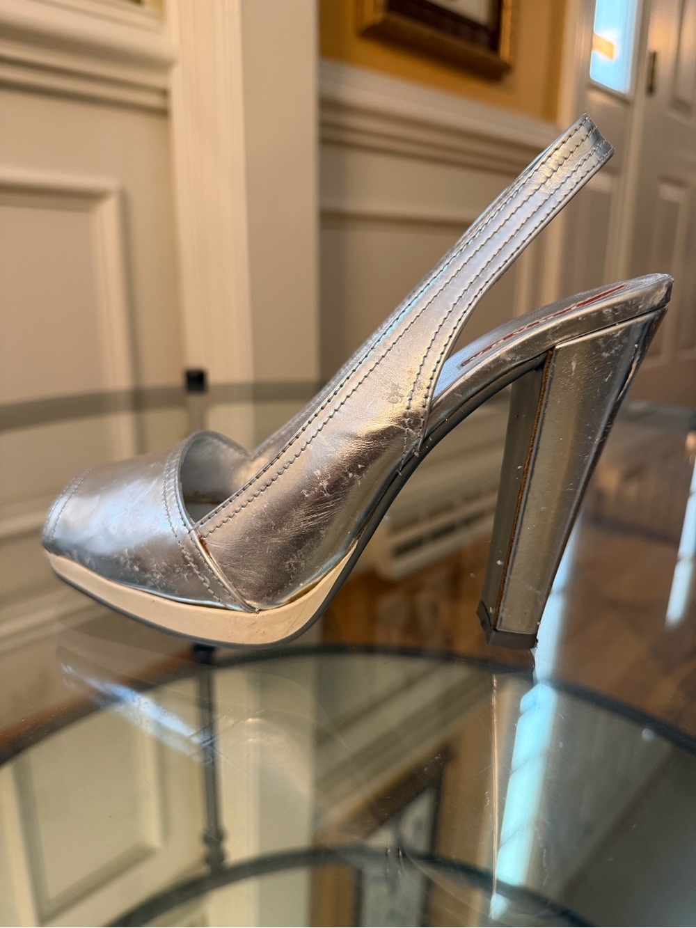 Prada Metallic Silver Slingback Platform High Heels RESTORATION PROJECT